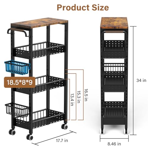 7.8 Inch Ultra-Slim 4-Tier Rolling Storage Cart with Adjustable Shelves - Lockable Wheels & Wooden Top for Narrow Spaces Between Washer/Dryer, Bathroom, Kitchen Organization (Black) - color: Black