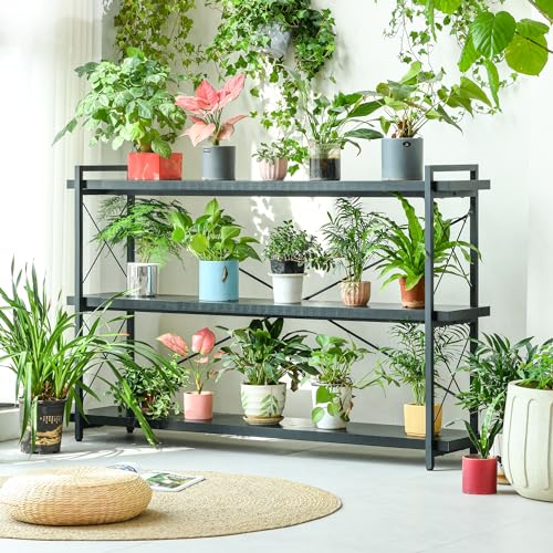 HCHQHS Bookshelf, 3-Tier Long Industrial Bookcase, Black Open Book Shelf, Freestanding Horizontal Bookshelves with Metal Frame - color: Ebony Black, size: 3-Tier (56.7"W x 35.8"H)