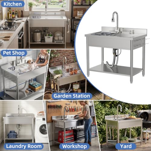 Stainless Steel Utility Sink, 38.4" Single Bowl Freestanding Laundry Sink with 360° Hot & Cold Water Faucet, Hoses & Drain Kit, Outdoor/Indoor Commercial Sink for Kitchens, Garage, Laundry Room - size: 38.4" x 22.6" x 35"
