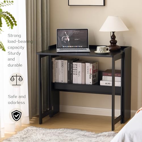 Foldable Desk,Folding Table with Storage Shelf,32.6 Inch Fold Out Computer Desk for Small Spaces,Writing Desk for Bedroom Home Office Dorm and Apartment (Black)