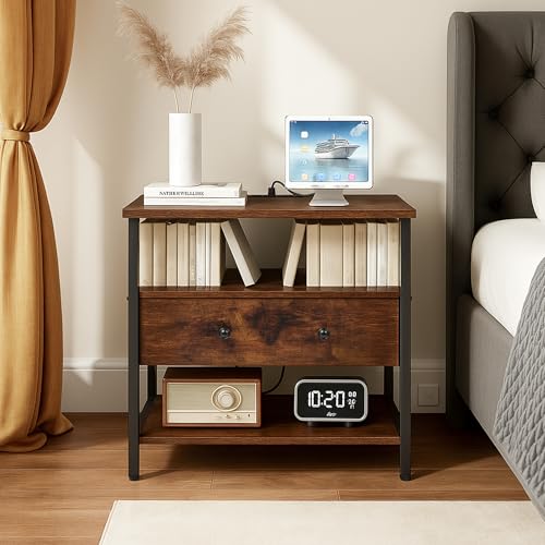 Edbuosy 27 Inch Wide Night Stand with Charging Station, Wood Nightstand with Open Shelf, Large Drawer Bedside Table for Living Room/Bedroom/Office, Retro Brown - color: Retro Brown, size: 27"W-1 Drawer