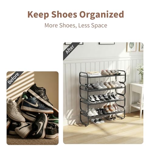 4Tier Shoe Rack - Expandable Shoe Organizer for Closet, Adjustable Metal Shoe Shelf Storage, Stackable Long Shoe Stand Holder for Garage, Entryway, Door Entrance - size: 4 Tier