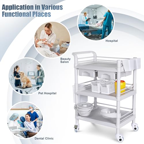 Mobile Medical Carts 3 Tier Professional Utility Cart 330 LBS Max Load Rolling Crash Cart Ultrasound Trolley with Wheels Drawers Dirt Bucket Sharps Box Storage Basket for Hospital Dental Clinic Home - color: 3-tier With Accessories Light Gray