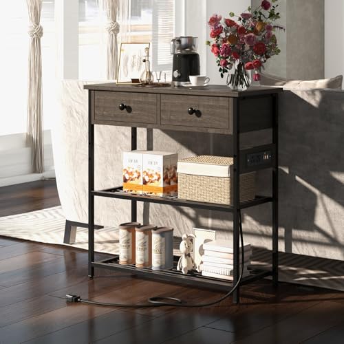 GOFLAME Console Table with Power Outlet, Narrow Entry Table with Drawers, 2 AC Outlets & 2 USB Ports, Sofa Table for Living Room Behind Couch, Living Room, Foyer, Grey Oak