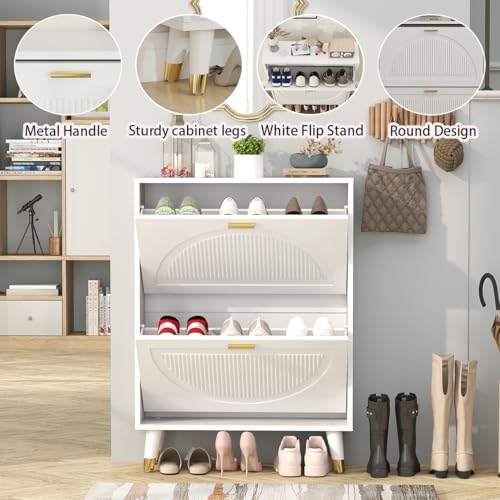 White Shoe Storage Cabinet: 24" Ultra Thin Small Shoe Cabinet for Entryway, Modern Slim and Narrow Hidden Shoes Rack Organizer with Doors and 2 Flip Drawer (1 Piece, 25") - size: 25"