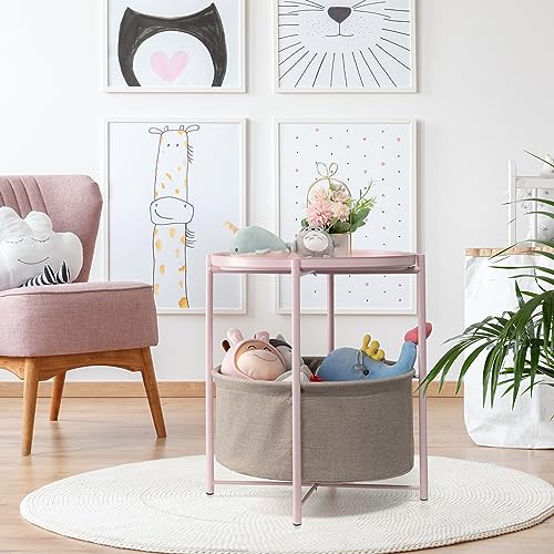 danpinera Pink Round Side Table with Fabric Storage Basket,Small Sofa Table | Metal Modern Nightstand for Small Space, Bedroom, Nursery, Accent Metal Table with Removable Serving Tray, 20.47 in Tall - color: Light Pink