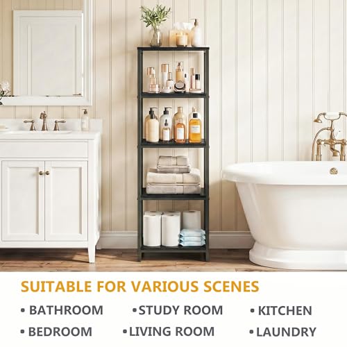 5-Tier Bathroom Shelving Unit, Narrow Corner Slim Rack, Black | 47"H, Metal Frame, Wood Finish Shelf, for Laundry Room, Kitchen, Living Spaces, Sturdy Build - size: 5-Tier