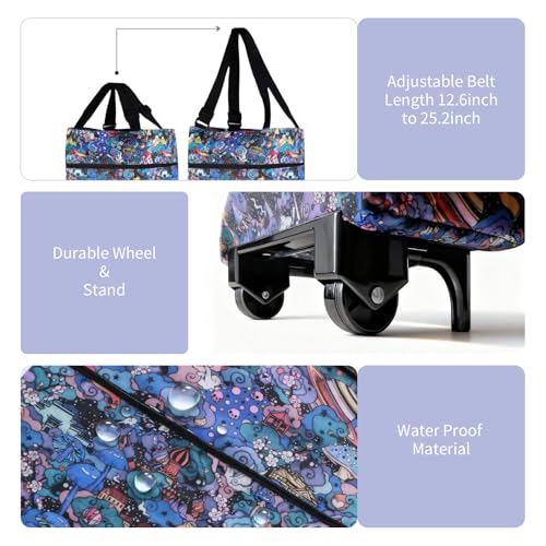 Folding Shopping Bag with Wheels, Small Rolling Folding Grocery Cart on Wheels, Collapsible Wheeled Portable Rolling Tote Bag for Groceries Shopping Cart