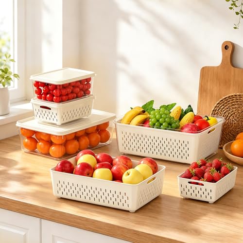 Fruit Storage Containers for Fridge, 4 Pack Plastic Food Storage Container | Fruit Containers Set with Removable Colander, Produce Saver Keep Berry Fruits Vegetables Meet Fresh Longer, Dishwasher Safe