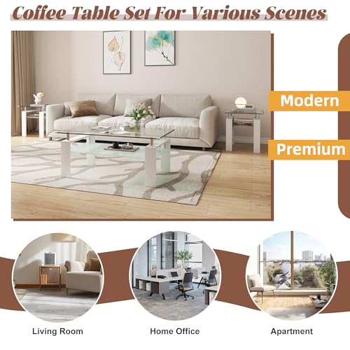 2-Tier Coffee Table with Tempered Glass Top and MDF Frame, Modern White Rectangular Glass Center Table for Living Room, Apartment, Office, Easy to Assemble - color: White, size: Coffee Table