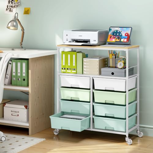 Rolling cart with 8 drawers,Storage drawer cart with wooden tabletop,Lockable wheels organizer for homeschool, arts & crafts, classroom, office & creative spaces (Green) - color: Green