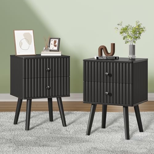 Wooden Nightstand with 2 Drawers, Fluted Night Stand Set of 2, Morden Side Table for Bedroom, Living Room and Small Space, Black