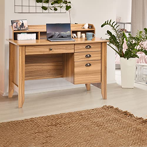 Catrimown Computer Desk with Drawers and Hutch, Farmhouse Home Office Desk with File Drawer,Student Girls Desks,Teens Writing Table, Small Computer Desk for Bedroom, Rustic Oak - color: Rustic Oak