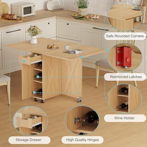 3imothrix Folding Dining Table, Dinner Table with Drawer and Storage and Shelves, Space Saving Dining Table with 6 Wheels, Kitchen Table for Small Spaces (Oak) - color: Oak