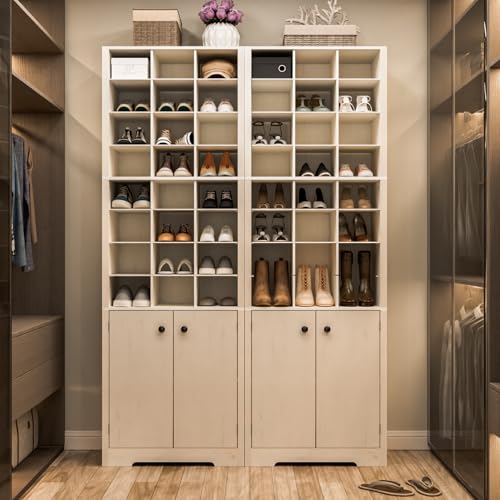 HOMMPA 72'' Beige Tall Shoe Cabinet, Freestanding Tall Shoe Rack with Bottom Cabinet, 8-Tier 24 Cubbies Wooden Shoe Storage Organizer with Adjustable Shelves for Entryway, 13" D x 24" W x 72" H