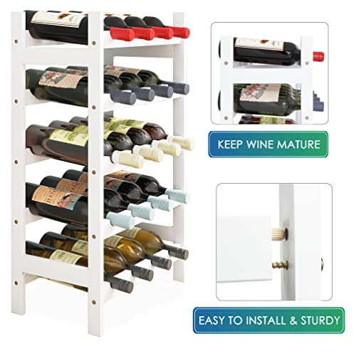 SMIBUY Bamboo Wine Rack, 20 Bottles Display Holder, 5-Tier Free Standing Storage Shelves for Kitchen, Pantry, Cellar, Bar (White) - color: White