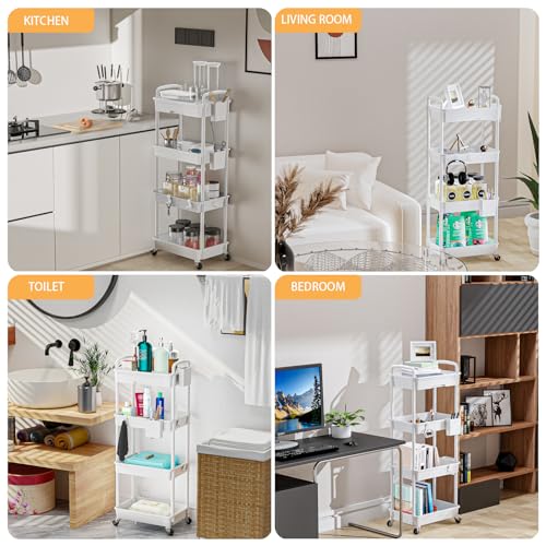 4 Tier Rolling Utility Cart with Drawer,REBECAT Utility Cart Made of Multifunctional Storage Organizer Tool for Kitchen,Bathroom,Living Room,Office(Gray) - color: White