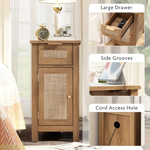 Narrow End Table with Charging Station - Midcentury Rattan Slim Side Table with USB Ports and Power Outlets, Nightstand with Flip Top and Storage Drawer, for Small Spaces Living Room Bedroom