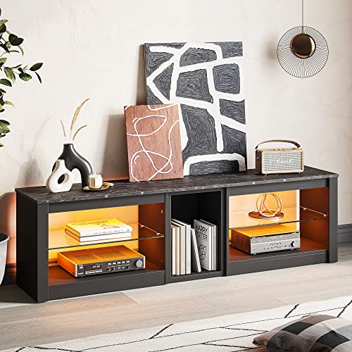 Bestier TV Stand for 70 inch TV, Gaming Entertainment Center for PS5, LED TV Cabinet with Glass Shelves for Living Room, 63'' Inch, Marble Black