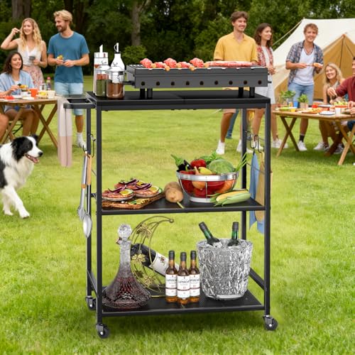DAOUTIME Grill Cart for Outside, 3-Tier BBQ Food Prep Rolling Table Cart, with 23.62" Lx 15.75" W Rust-Resistant Tabletop, Outdoor Pizza Oven Table Ideal for Patio Backyard Kitchen Tools Room