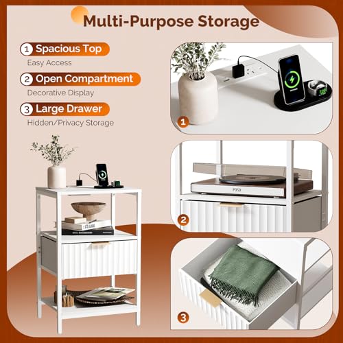 VINGLI Nightstands Set of 2 with Fabric Drawer, White Nightstands with Charging Station, Fluted Night Stand/Bedside Table, Small Night Stand for Bedroom, Bed Side Table with Charging Station, 2 pcs - color: White, size: 15"W-1 Drawer 2 Shelf