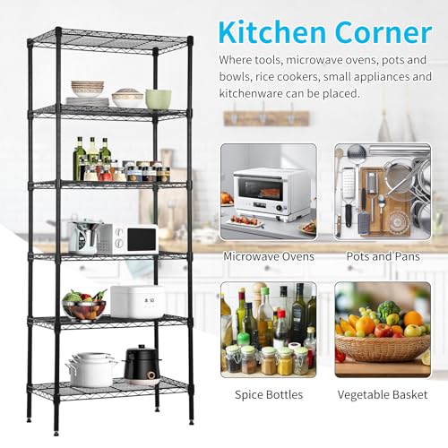 BLKMTY Tall Shelves, 6 Tier Wire Shelving, Narrow Storage Metal Shelf, Standing Shelf Units, Adjustable Garage Shelving, 13.2" D x 23.4" W x 59" H, 900lbs Capacity, Commercial Shelves, Black - color: Black, size: 6 Tire: 13.2" D x 23.4" W x 59" H