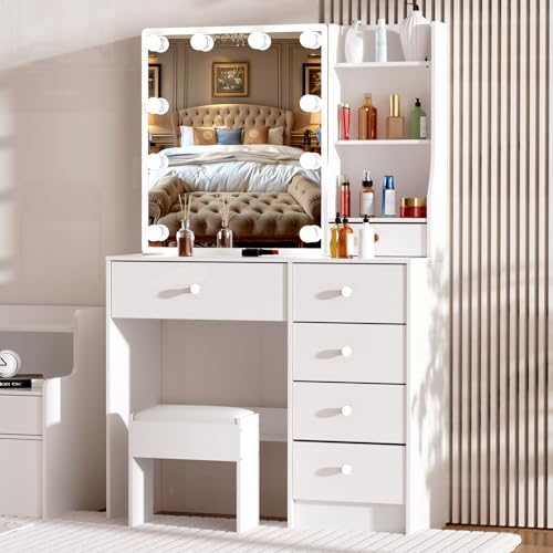 Makeup Vanity with Sliding Mirror and LED Lights, 3 Adjustable Modes Vanity Desk with 6 Storage Drawers & 3 Open Shelves, Dressing Table with Stool with Bedroom, White - size: Small-32'' Wide