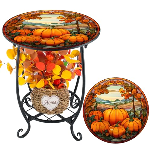 Cinnvoice Outdoor Side Table Round Small Mosaic Patio Accent Indoor End Plant Coffee Tea Table for Yard Patio Porch Garden Living Room, Bedroom(Pumpkin Style,14 Inch) - size: 14 Inch, style: Pumpkin Style