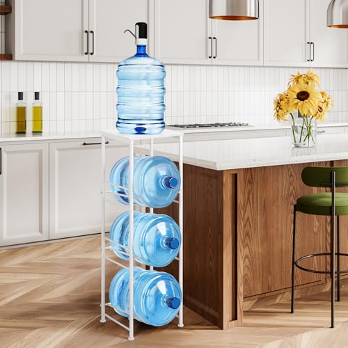 OYEAL 5 Gallon Water Bottle Jug Holder 3-Tier Water Bottle Holder Organizer with Top Shelf, Heavy Duty Water Dispenser Stand Rack for Kitchen Living Room Office, White - style: Round Tube White