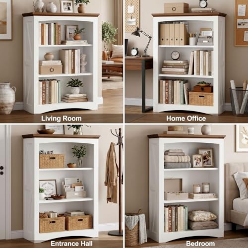 IRONCK 43" Tall 3-Tier Bookshelf, Farmhouse Bookcase White | White finish, anti-tip design, wood thick shelf, 30" wide floor-standing unit for home office, living room, bedroom