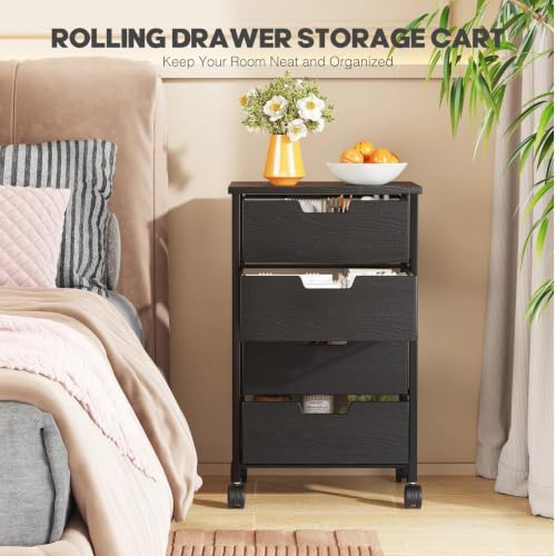 Rolling Cart with Drawers, Wooden Top and Front, with Wheels Metal Under Desk Storage Cart with 4 Drawers, for Office, Bedroom, Classroom, Home, Black - color: Black