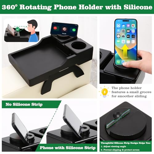 GHKINMAL Couch Cup Holder Tray, 15.4"x9.9" Large 4 in 1 Couch Arm Tray with 360°Rotated Phone Holder, Non-Slip Clip on Side Table for Drinks/Remote/Snacks, Ideal Gift for Husband, Wife, Parents - color: Black
