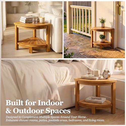 HOMESTEAD Teak Shower Stool with 2 Tier Storage Shelf, Compact Corner Shower Bench for Inside Shower, Bathroom Seat with Soap Holder, Shower Foot Rest and Shower Stool for Shaving Legs