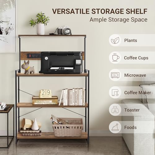 4-Tier Kitchen Baker's Rack with Power Outlet, Microwave Stand and Storage Shelves, Coffee Station Organizer (Rustic Brown) - color: Brown
