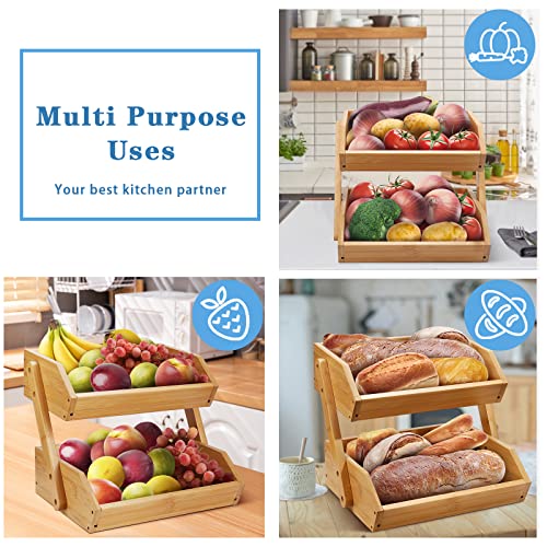 Merysen 2-Tier Bamboo Fruit Basket for Kitchen Countertop, Self-assembly | Large Fruit Holder Stand, Suitable for Bread, Snacks, Vegetables, Produce, Home Storage and Display - size: 2 Tier Bamboo