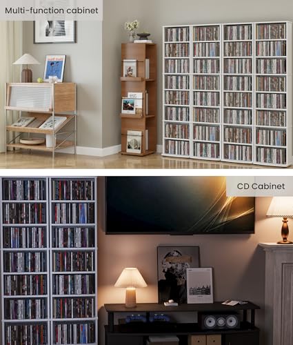 CD Tower Storage Rack, 8-Tier CD Storage Shelf with Adjustable Shelves DVD Stand Tower for Living Room Bedroom Office, White