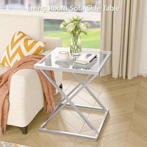Square End Table with Tempered Glass Top, Stylish X-Shaped Metal Frame, Living Room Coffee Table, Sofa Side Table, Accent Tables for Small Spaces, Modern Bedside Table for Bedroom (Silver) - color: Silver, style: Style 3