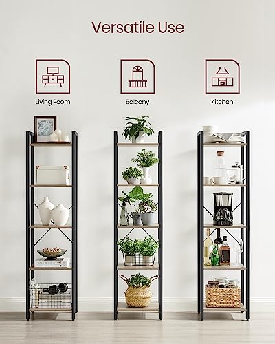 VASAGLE 5-Tier Bookshelf, Bookcase with Steel Frame, Book Shelf for Living Room, Home Office, Study, 11.8 x 15.7 x 60.2 Inches, Industrial Style, Heather Greige and Ink Black ULLS100B02 - color: Heather Greige + Ink Black, size: 5 Tiers (11.8"D x 15.7"W x