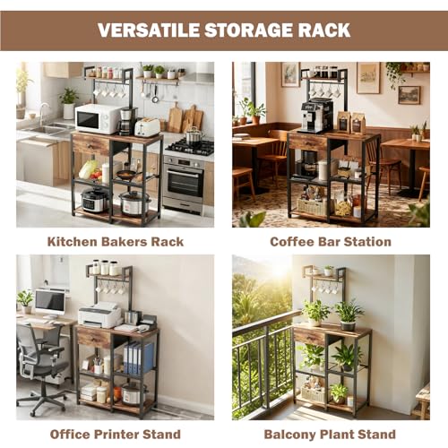 Kitchen Bakers Rack with Drawer,6 Tier Microwave Stand with Hooks | Adjustable Coffee Bar Station,Free Standing Bakers Rack with Storage,Kitchen Appliance Storage Shelf for Spices,Pots