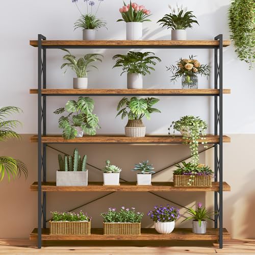 HCHQHS Large Bookshelf, 5-Tier Long Industrial Bookcase, Rustic Brown Book Shelf, Freestanding Horizontal Bookshelves with Metal Frame - color: Rustic Brown, size: 5-Tier (56.7"W x 65.7"H)