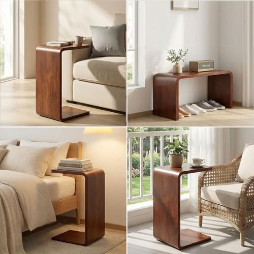 CHSSIH C Shaped End Table for Couch - Wooden Sofa Side Table, Slide Under Couch Table for Living Room, Bedroom, Laptop, Coffee, Small Space Narrow Furniture, Walnut