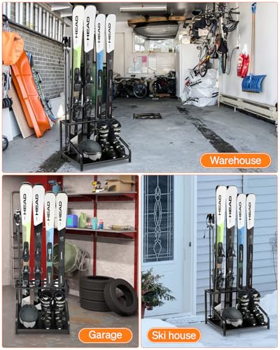 FHXZH Ski Storage Rack for Garage - Freestanding Ski Holders for 4 Pairs of Skis, Ski Boot, Ski Poles, Goggles, Helmet and More, Heavy Duty Steel Floor Stand Ski Organizer for Garage Basement