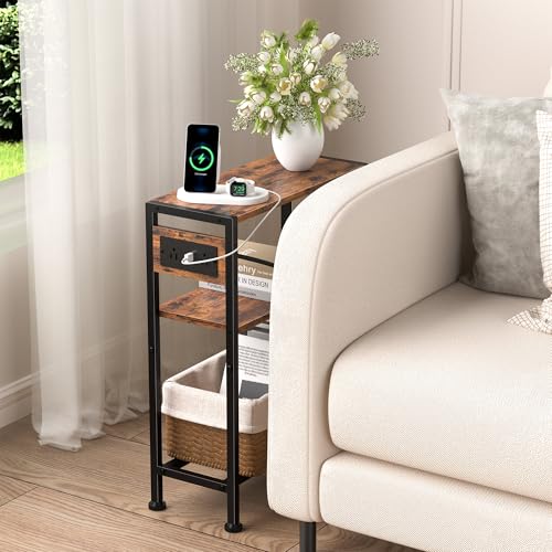 Small Narrow Side Table with Charging Station, Skinny End Table for Small Spaces, Slim Nightstand with Outlets, Sofa Bedside Table in Living Room, Bedroom, Study, Kitchen and Balcony (Rustic Brown) - color: Rustic Brown