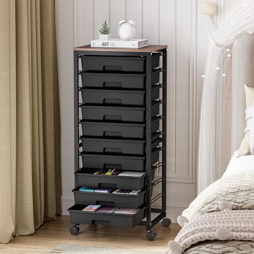 SYKIARIOL Rolling Cart with Drawers,10 Drawer Rolling Cart,Storage Cart,Utility Cart,Teacher Cart for Classroom Storage,Craft Cart with Wheels and Wooden Tabletop,Black - color: Black