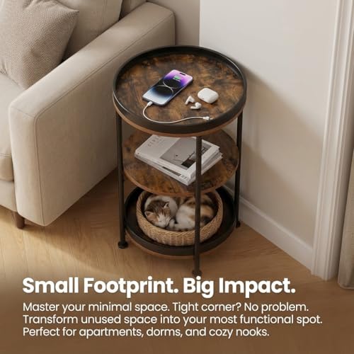 Dulcii Side Table, Round End Table with 3 Storage Shelves for Living Room, Bedroom, Nightstand with Steel Frame for Small Spaces, Industrial Round Sofa Table, Outdoor Accent Coffee Table, Rustic Brown | Round End Table with Storage for Living Room, Bedroo