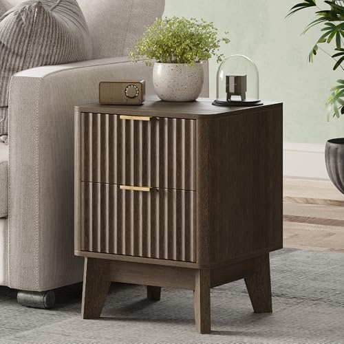 Fluted Nightstand Set of 2, Modern End Table with Metal Handle,2 Storage Drawers Side Table,Bedside Table for Bedroom,Wood Nightstands,Curved Profile Design Furnitue, Walnut - color: 2pcs_walnut