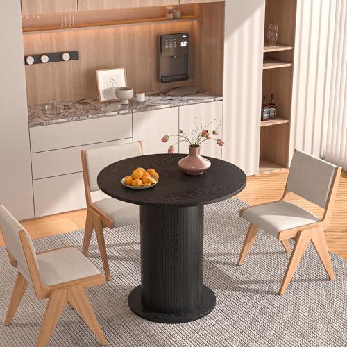31.5 inch Round Dining Table for 2, Modern Farmhouse Kitchen Table, Small Circle Dining Tables with Wood Strip Base for Kitchen Living Room (Black) - color: Black