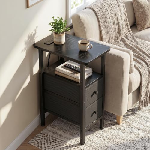 LOAKEKEL Narrow End Table with Charging Station, Side Tables Living Room | End Tables Living Room Set of 2, Skinny Nightstand with Fabric Drawers for Bedroom, Small Spaces, Black - color: Black, style: Power