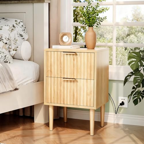 VINGLI Nightstand with Charging Station, Fluted Nightstand with Drawers, Wood Night Stand for Bedroom, Fluted Bedside Table/End Table/Side Table, Oak, 15.75" W*15.55" D*23.62" H - color: Oak, size: 15.7"W-2 Drawer