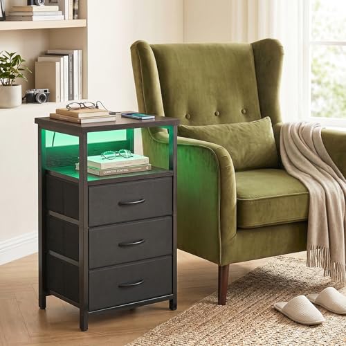 Fixwal Night Stand with 3 Fabric Storage Drawers, LED Nightstand with Charging Station, Bedside Table, Black - color: Black, size: 27.6"H (3 drawers), style: Power+Light (1pc)